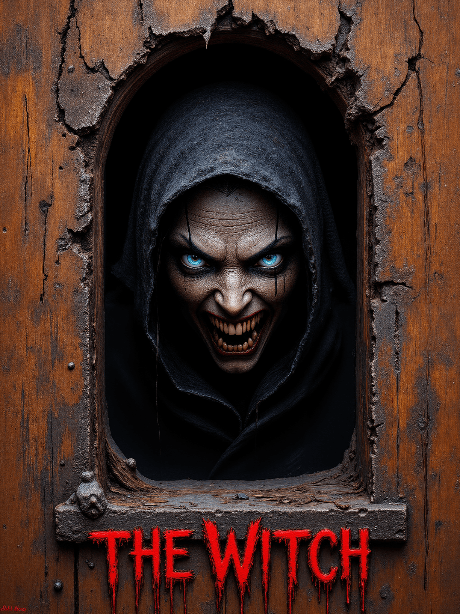 AI generated: A portrait picture of a leather-skinned crone leering in a candy-coated cottage doorway. Rotted teet...