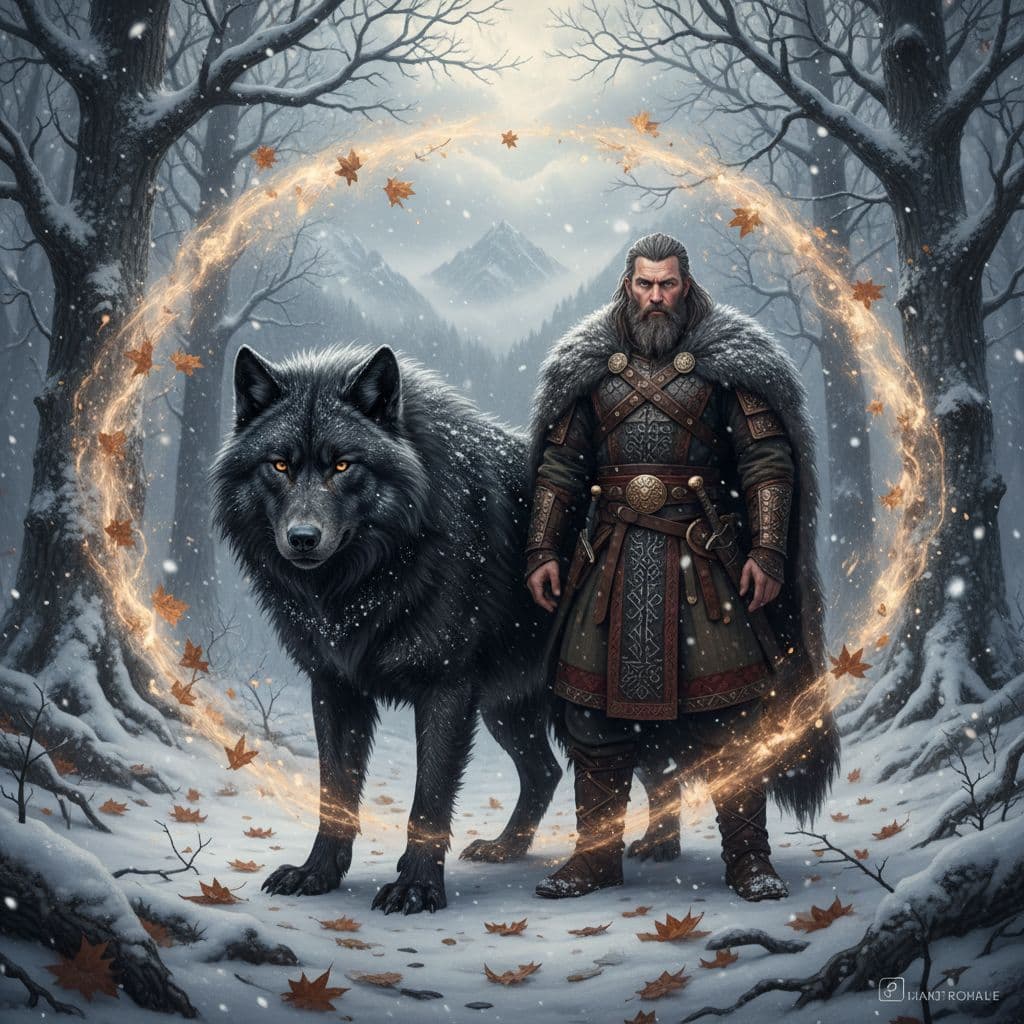 AI generated: A viking men standing beside a massive black wolf in the winter with fall snow farming aura and make...