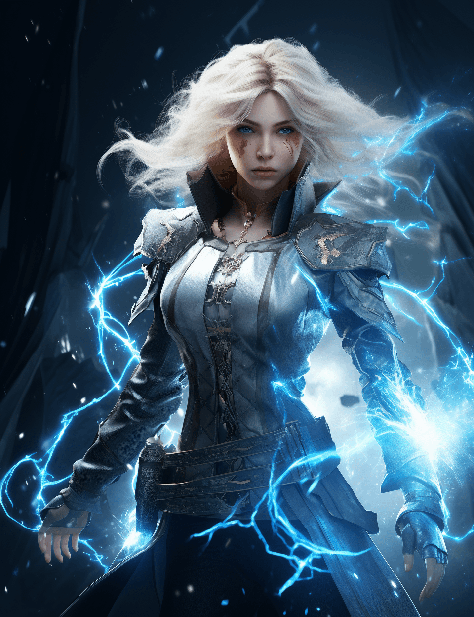 AI generated: A white blond girl with blonde hair wearing her on top, in the style of frostpunk, dark azure and wh...