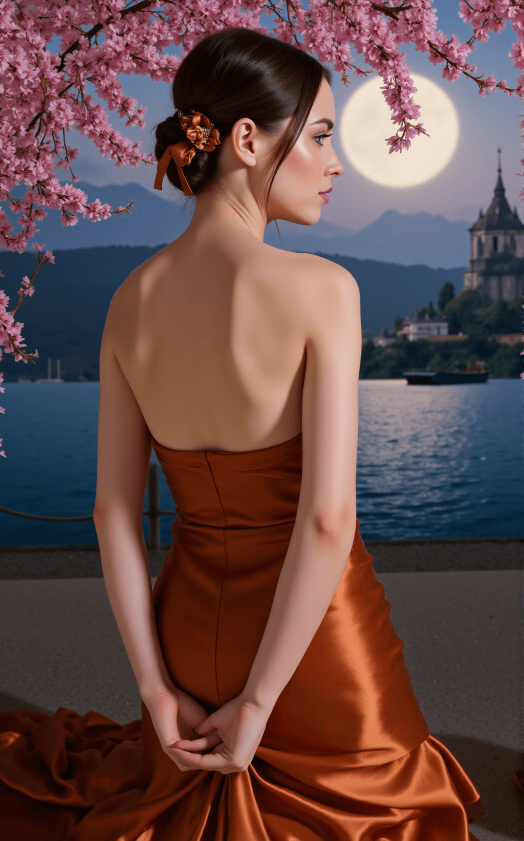 AI generated: A woman is elegantly dressed in a stunning copper strapless satin gown that shimmers under the soft ...