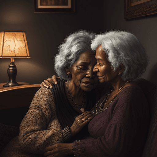 AI generated: Black old woman whispering into her 25-year-old daughter's ear, cosy living room setting, traditiona...