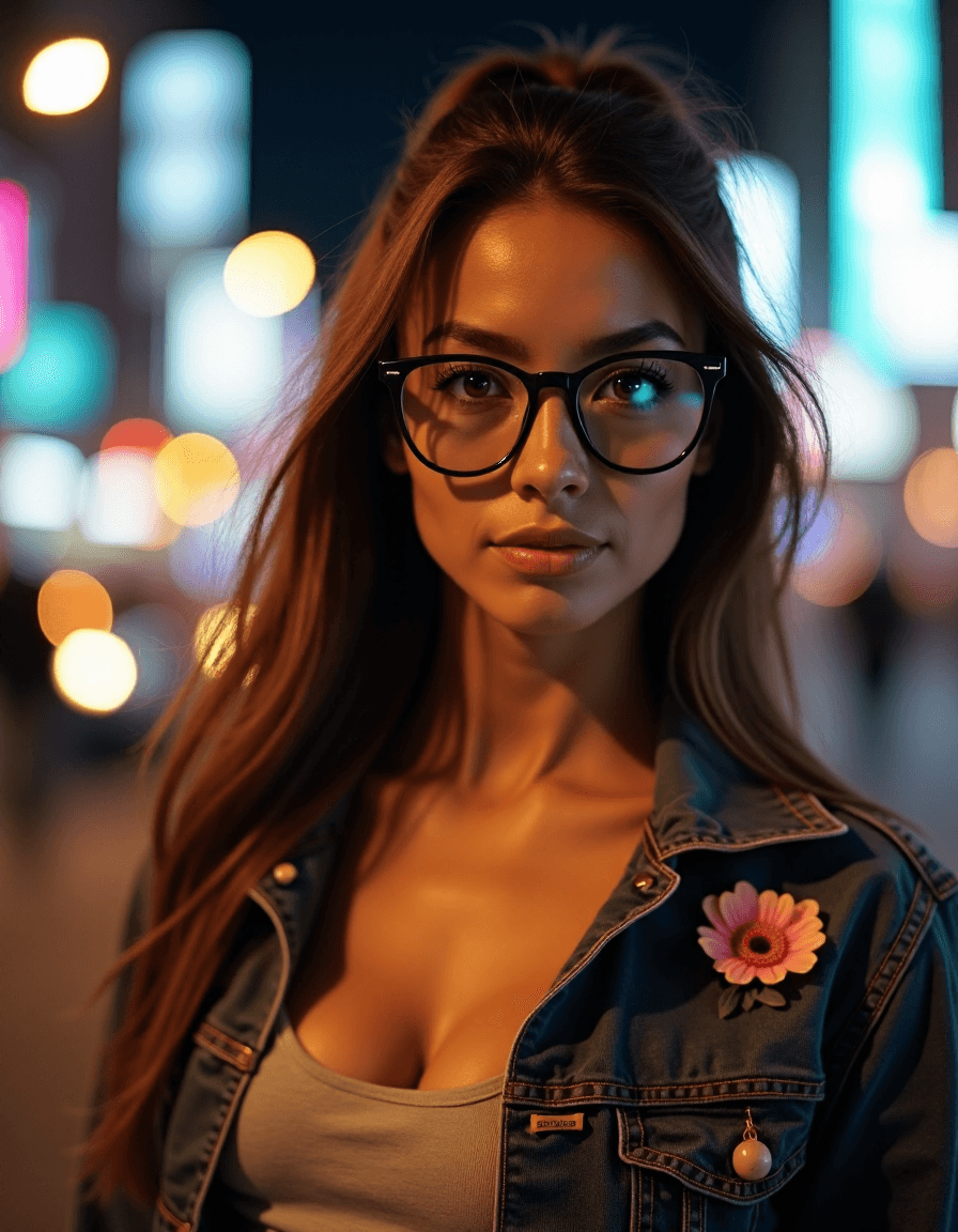 AI generated: A highly detailed photograph of a woman with long brunette hair styled in a ponytail. She has striki...