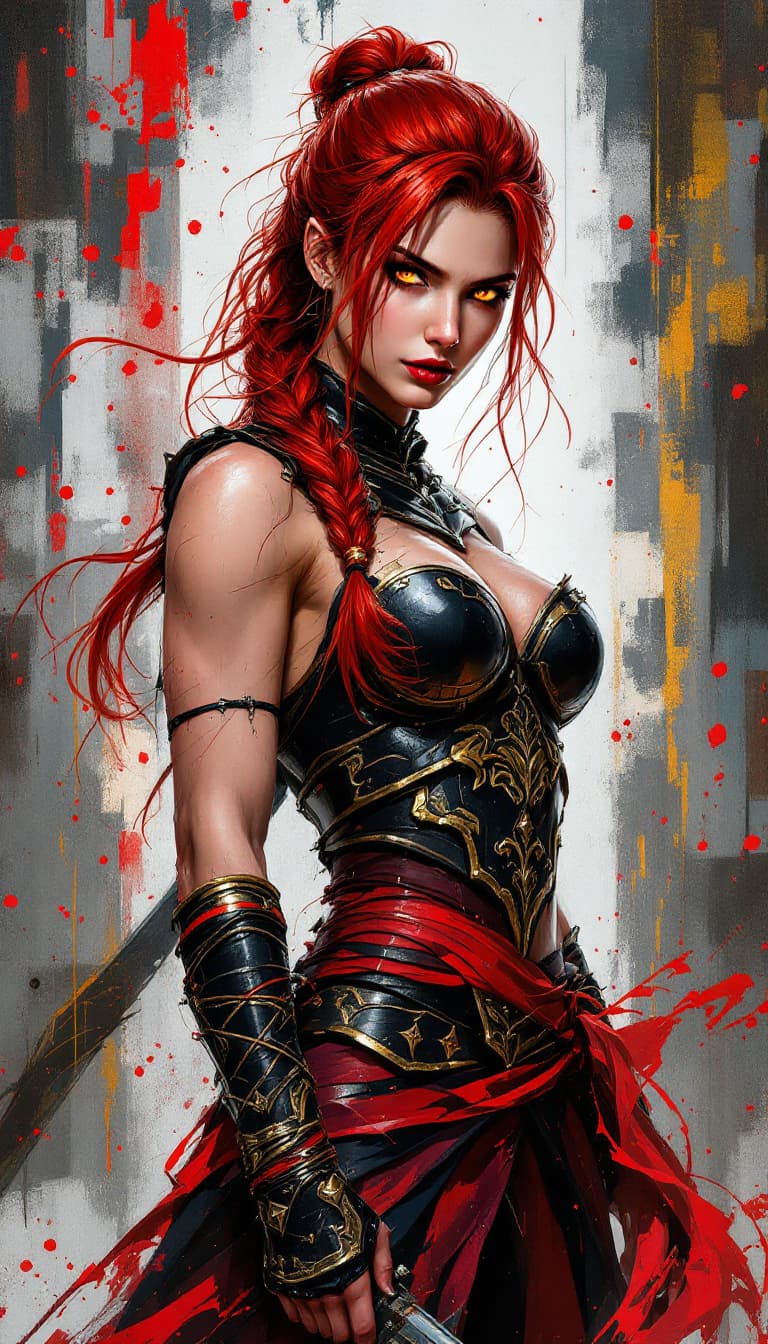 AI generated: "Crimson Warrior in a Dynamic Arena": A striking abstract painting depicts a warrior, displaying bot...