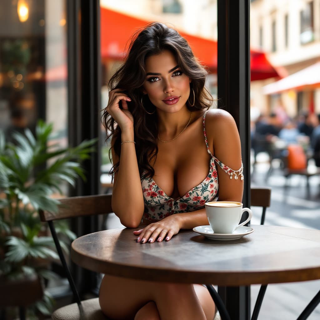 AI generated: 25 years old latina in Barcelona, very short summerdress,hotpants,jeans,ripped,curvy, in a cafe,drin...