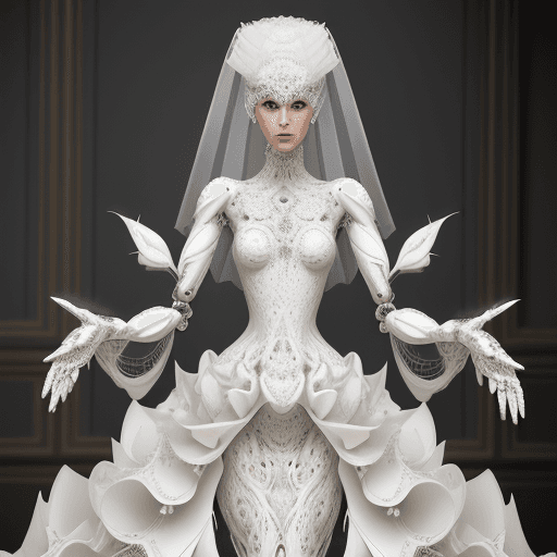 AI generated: a woman in some very elaborate white gown, in the style of robotic motifs, modern jewelry, intricate...