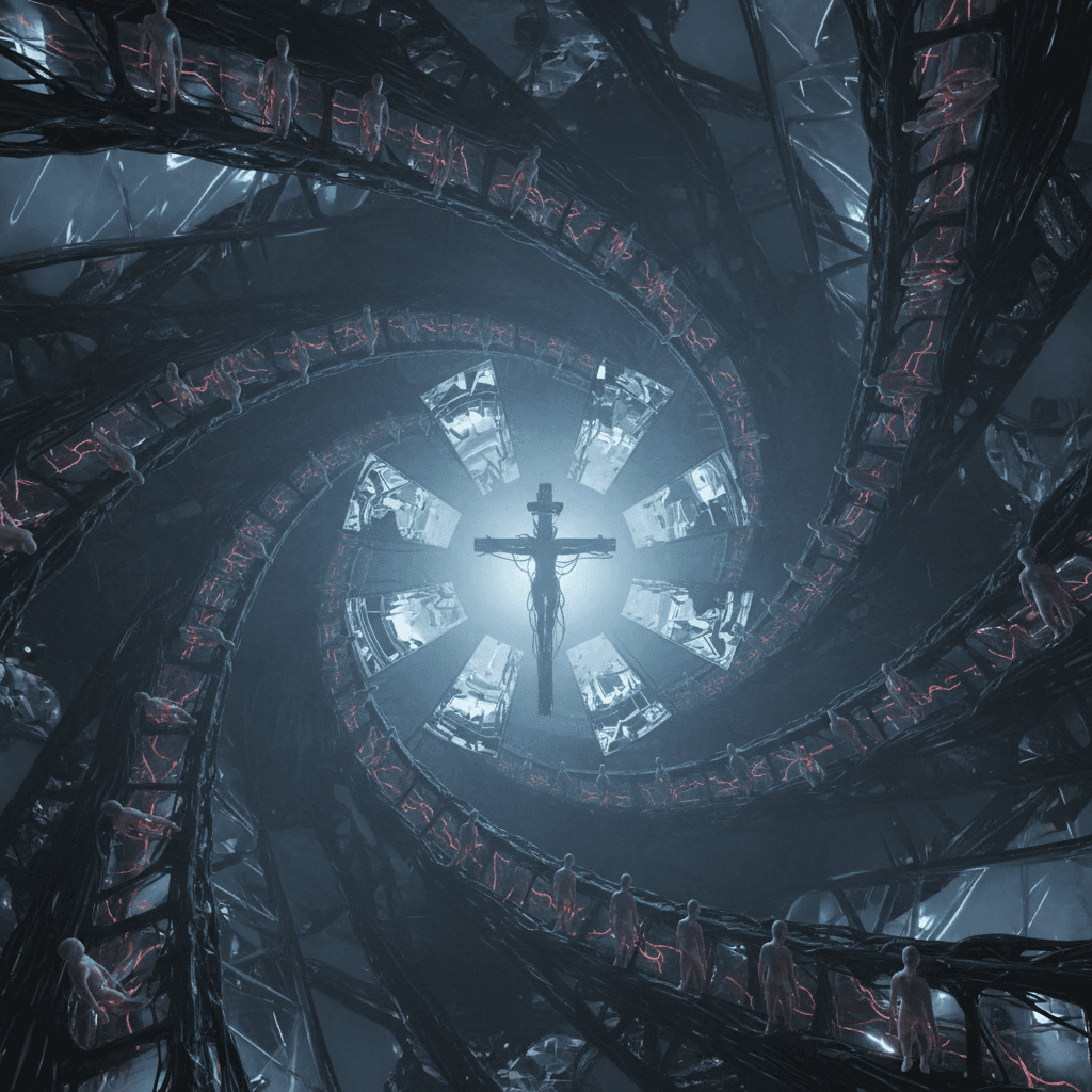AI generated: Slow spiraling crane shot descends into an organic circuitry labyrinth. Wet matte surfaces shimmer a...