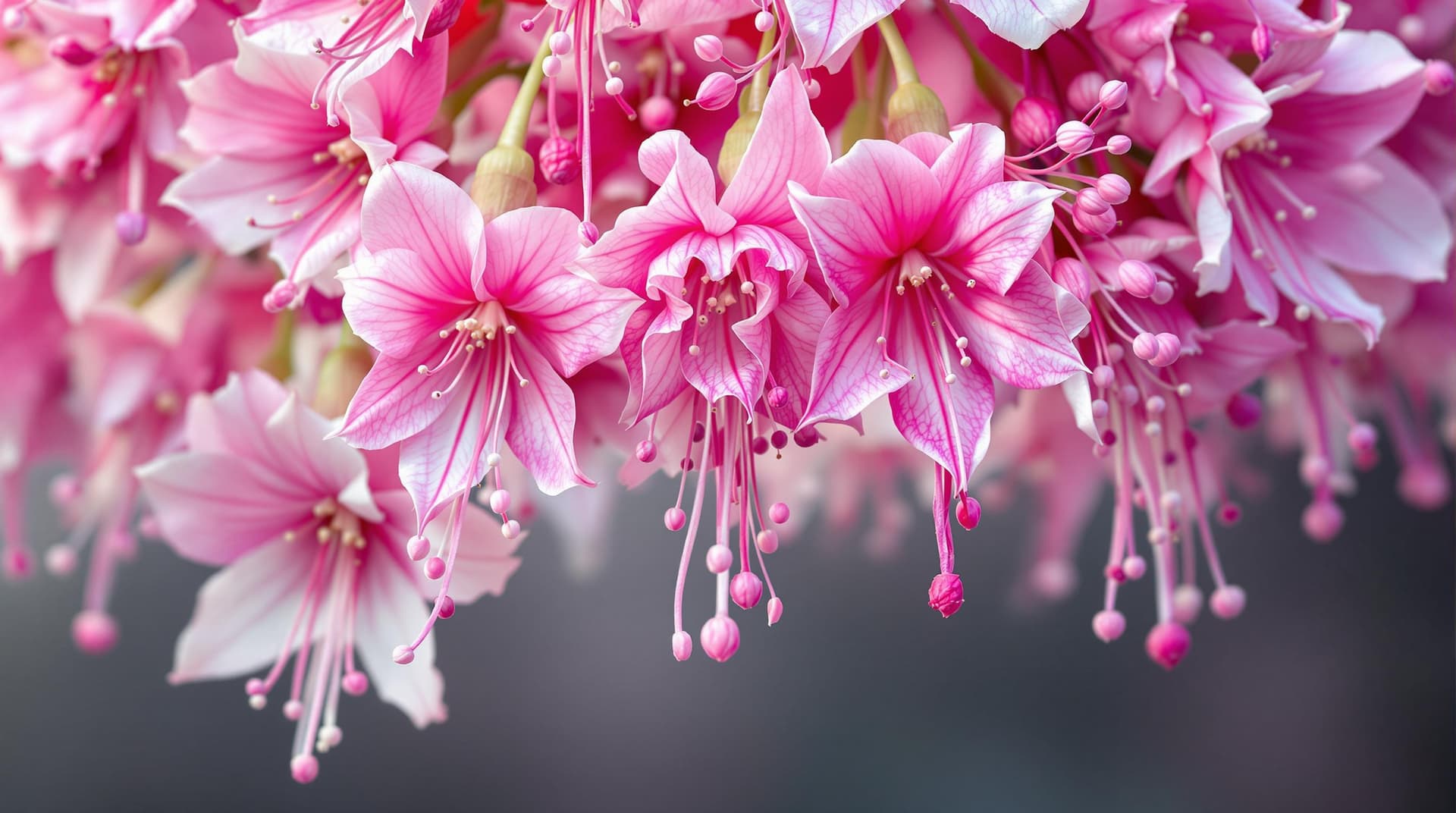 AI generated: abstract 3d fushia species flowers drooping downward in a natural hanging down position,white and fu...