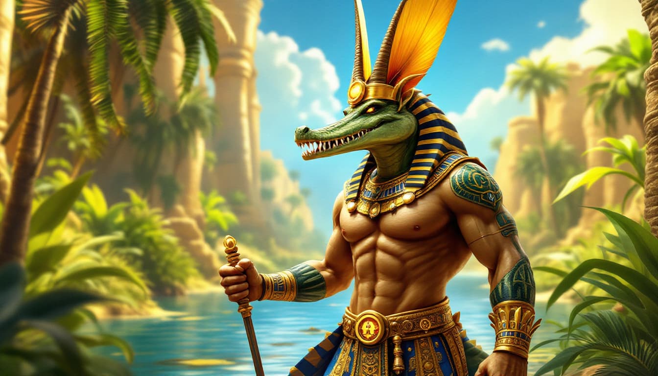AI generated: Depict Sobek, the ancient Egyptian crocodile god, in a vibrant and majestic setting. Show him with t...
