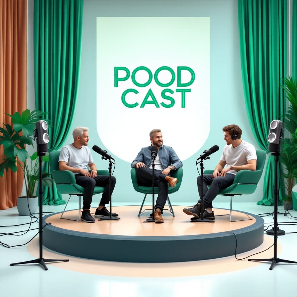 AI generated: A pood cast studio with 3 character sitting on a semi circle studio with the podcast style microphon...