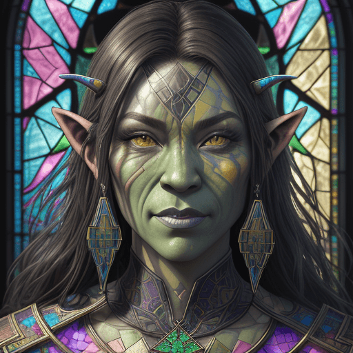 AI generated: stained_glass, close-up portrait (sexy orc wizard), intricate kintsugi, transparent glass, highly de...