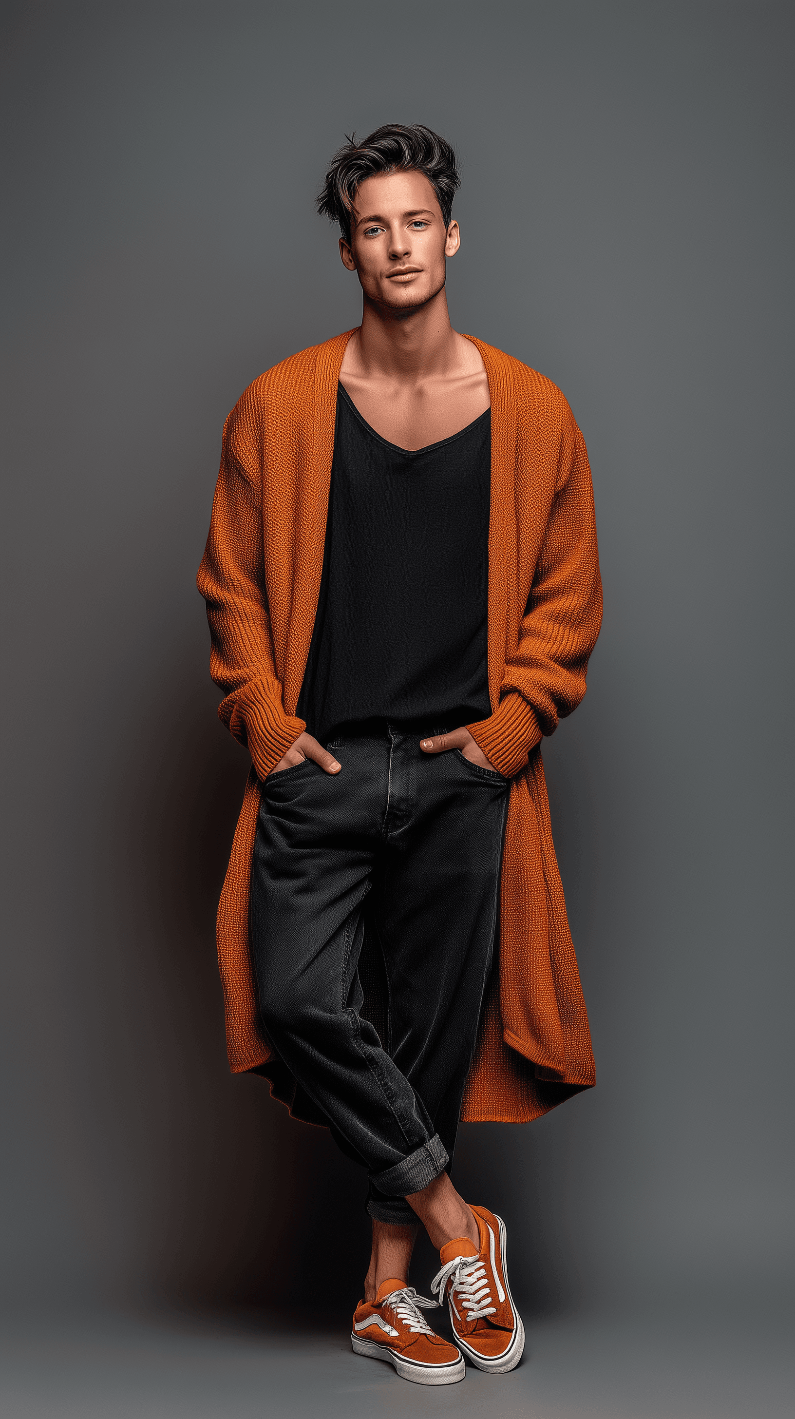 AI generated: photography, full-length, professional young male model, faint smile, standing in a relaxed pose, st...