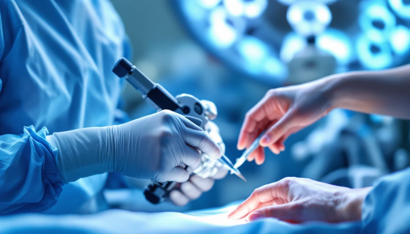 AI generated: `/imagine prompt: Surgical team in high-tech operating room, focus on hands:

South Asian surgeon's ...