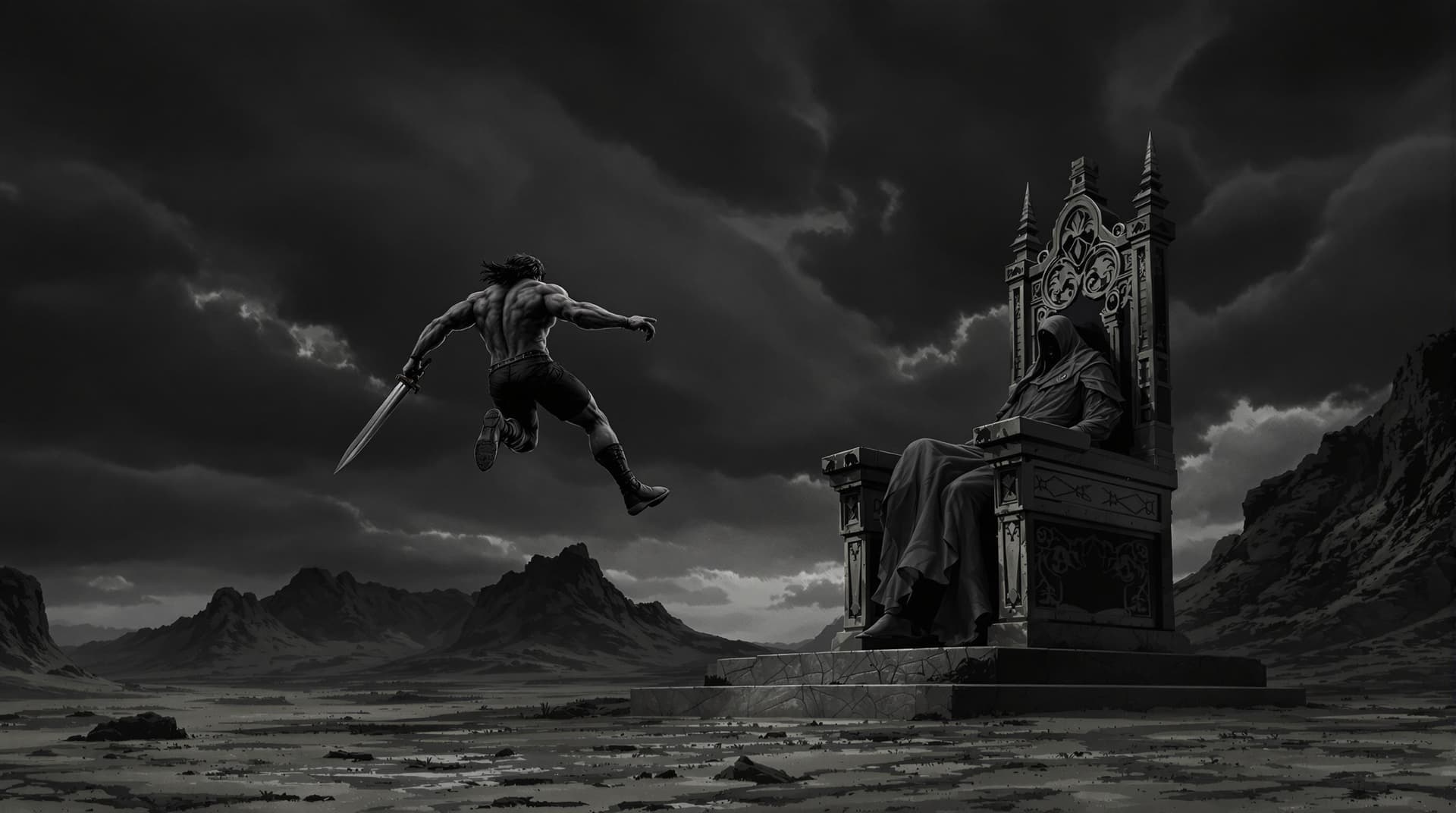 AI generated: The image depicts a dramatic scene set in a stark, almost cinematic landscape. A muscular figure, po...