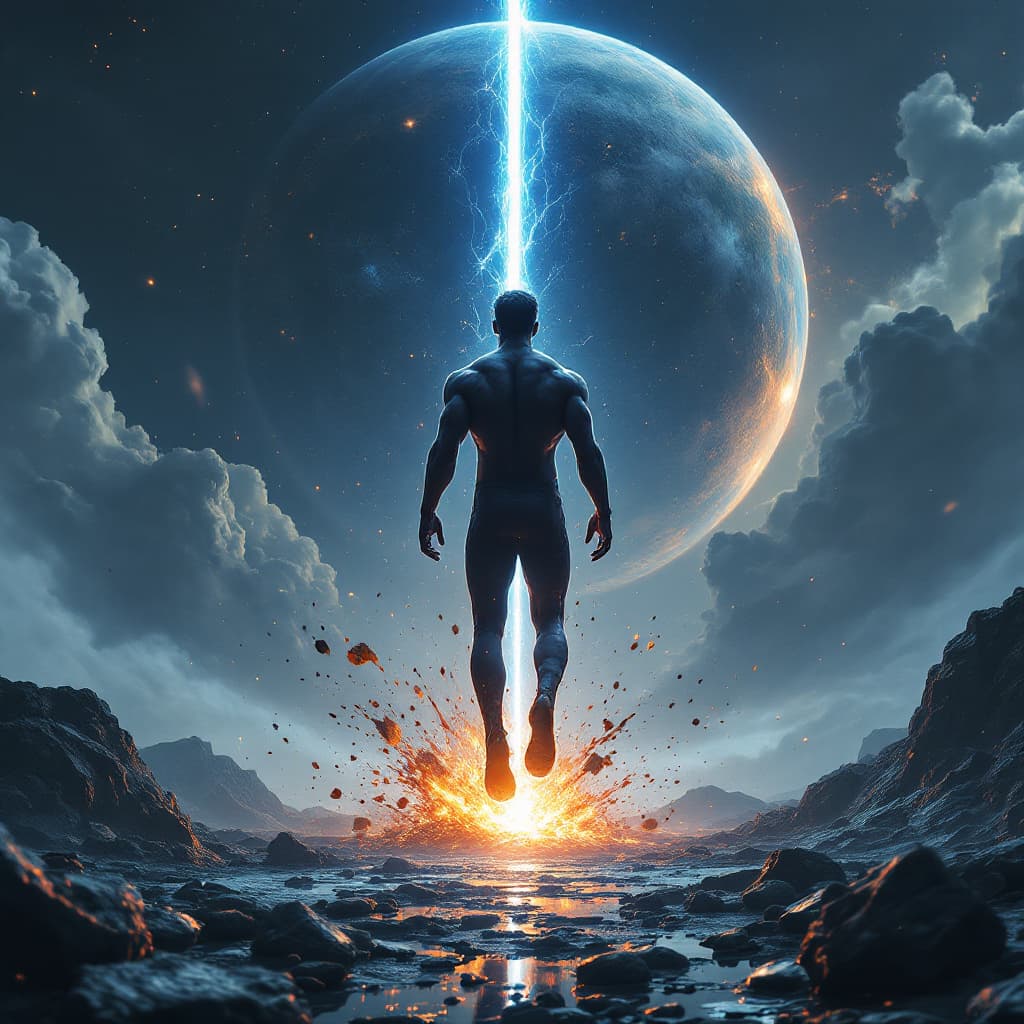 AI generated: Darkwave, synthwave,  epic music album cover. It portrays a close up of a floating very muscular per...