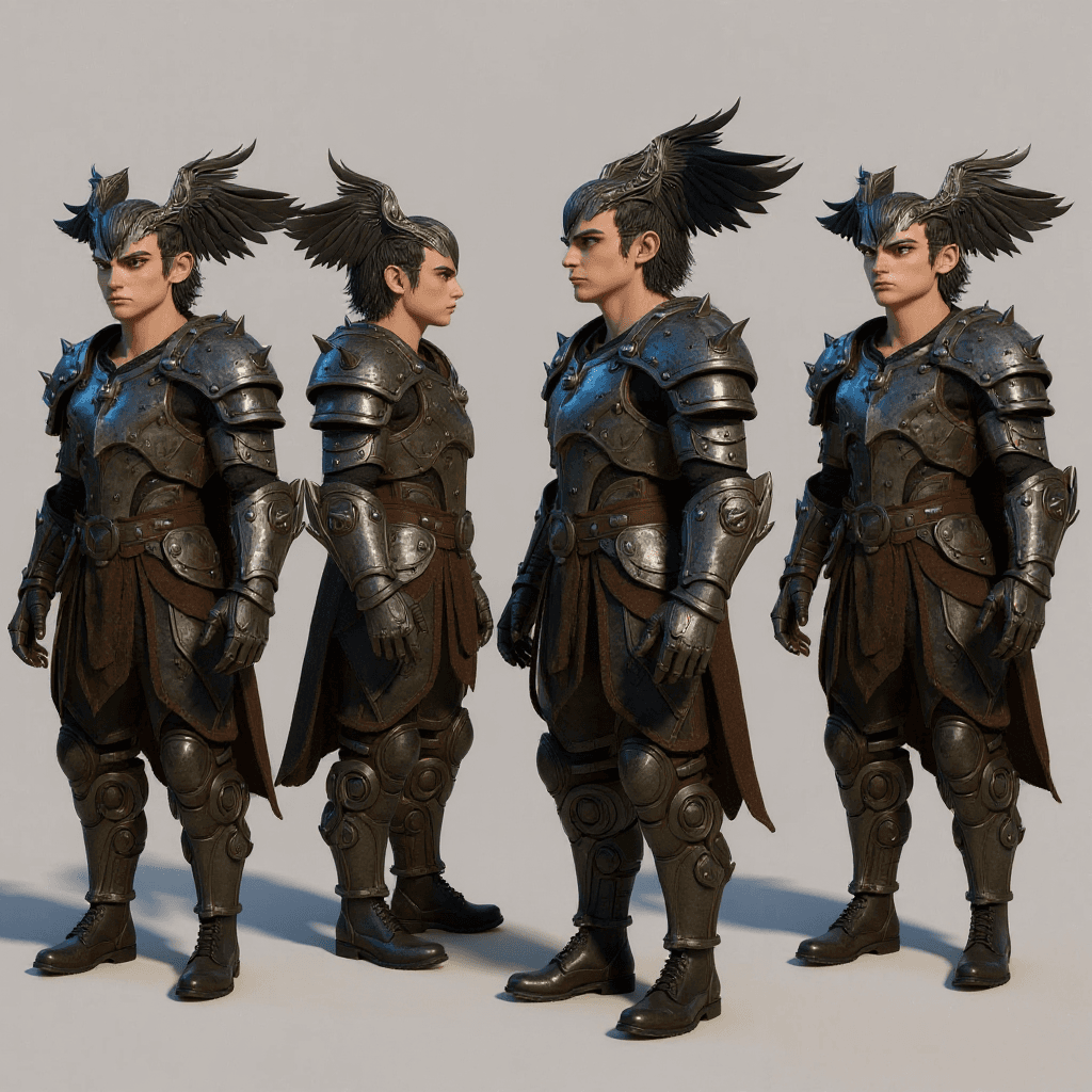 AI generated: Four full-length profiles of a gender-neutral young man, wearing leather shoes and realistic Nordic ...