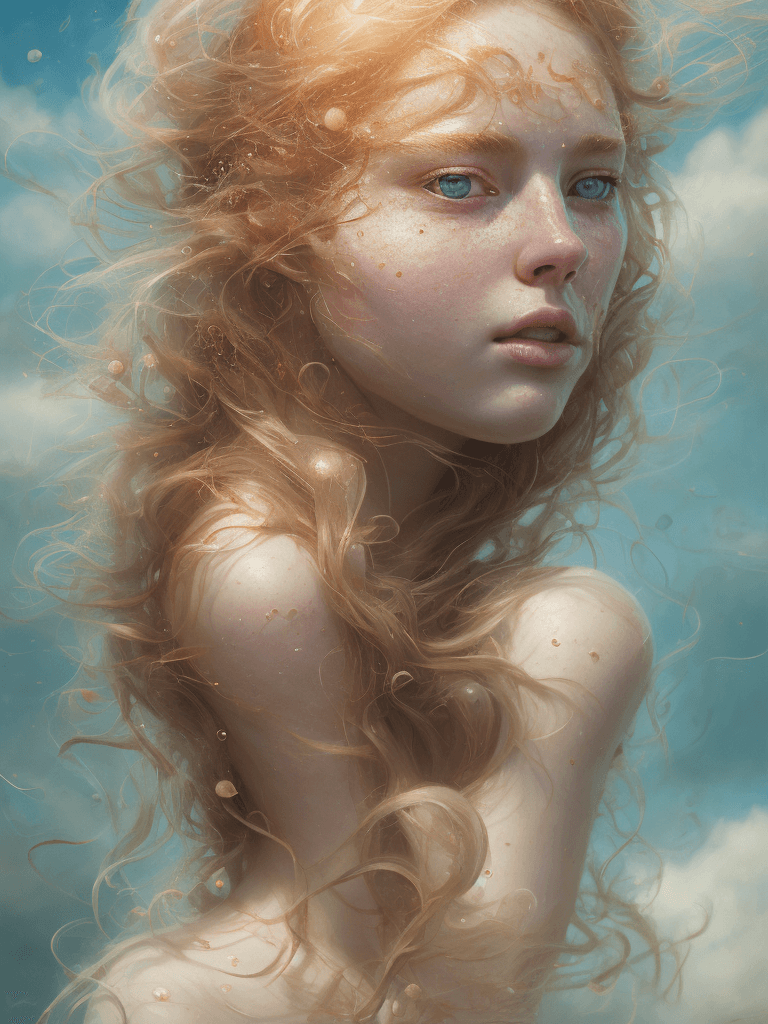 AI generated: sea breeze, golden hour, freckles, natural skin, perfect face, character portrait, complex, canvas, ...