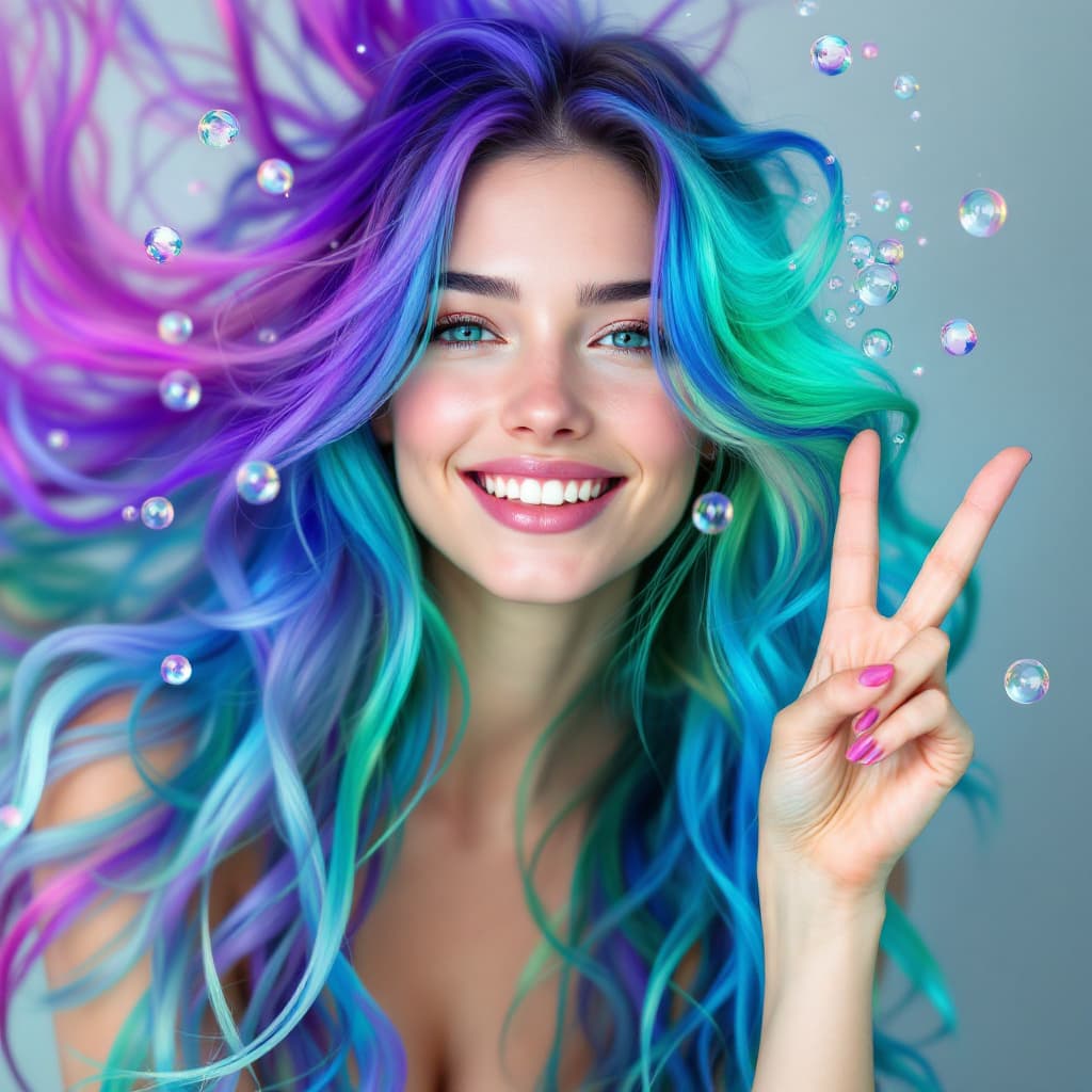 AI generated: Frontal portrait of a beautiful 30 year old woman who looks like a mermaid. She is happy and smiling...