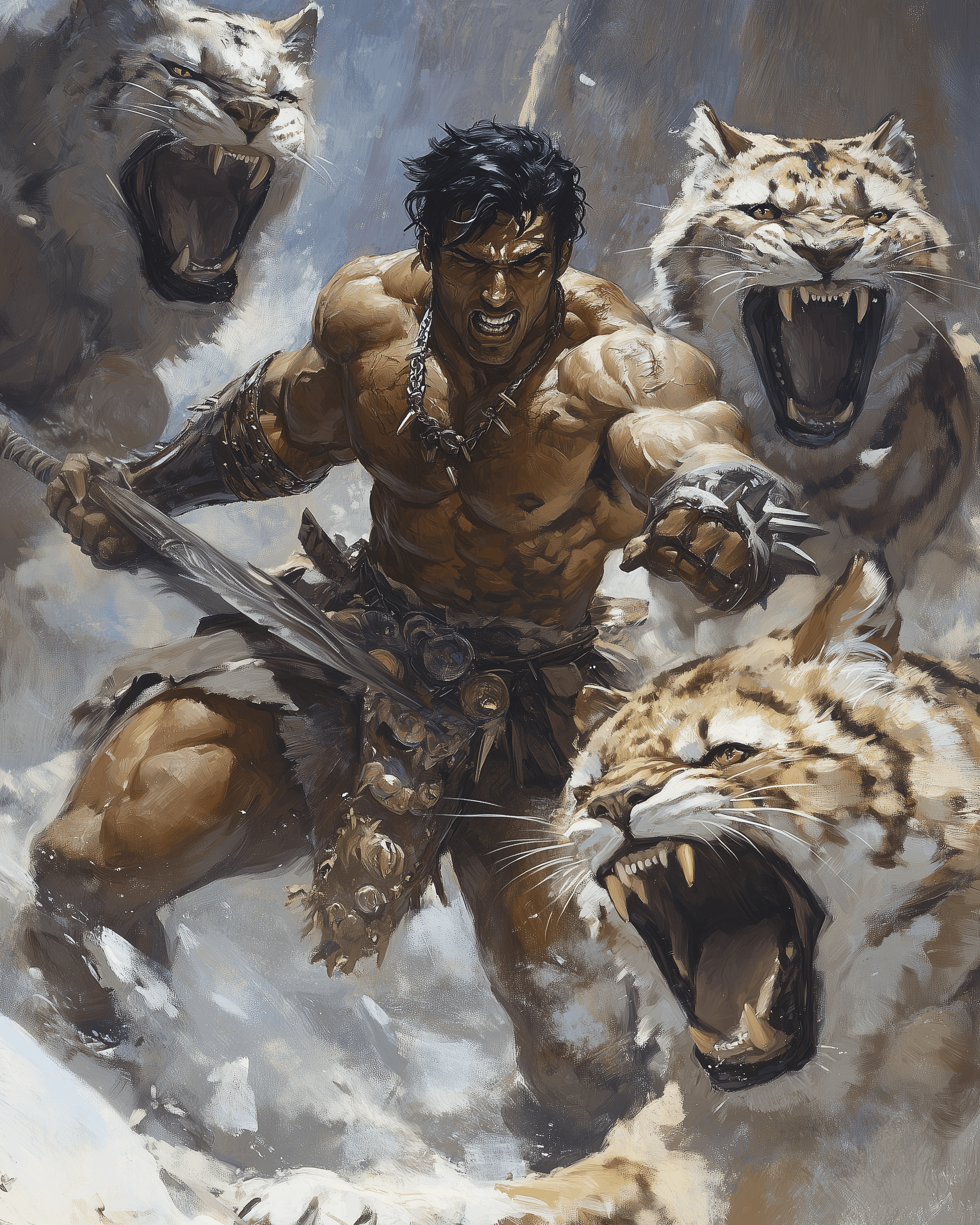 AI generated: A muscular warrior with short black hair and brown skin fights three giant cats, in the style of Fra...