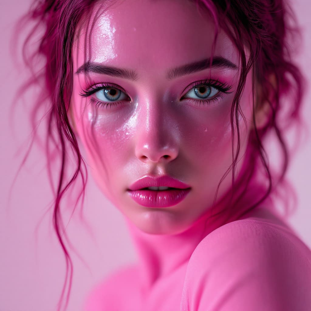 AI generated: female dressed pink color as invisible woman, (full body visible), looking at viewer, portrait, phot...