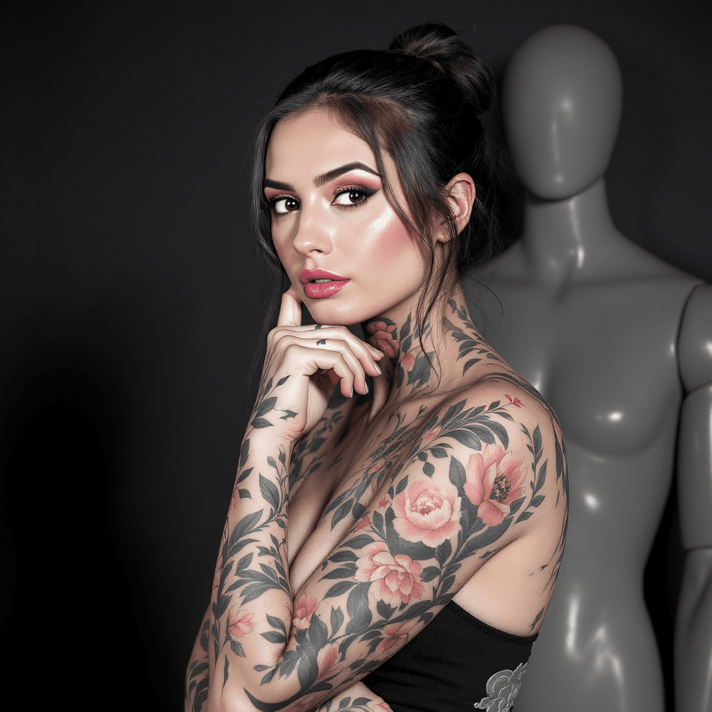 AI generated: Woman with elaborate floral tattoos,  young adult, light skin,  dark hair in a bun,  posed in front ...