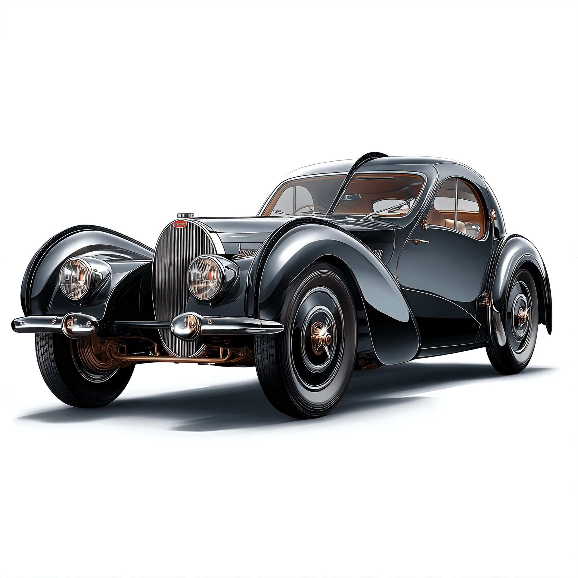 AI generated: classic 1938 Bugatti Type 57SC Atlantic, illustrated in a detailed clipart style, showcasing
its sw...