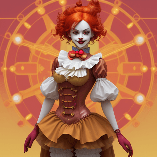 AI generated:  a woman dressed as a clown with red hair, in the style of magical girl, colorful moebius, light yel...