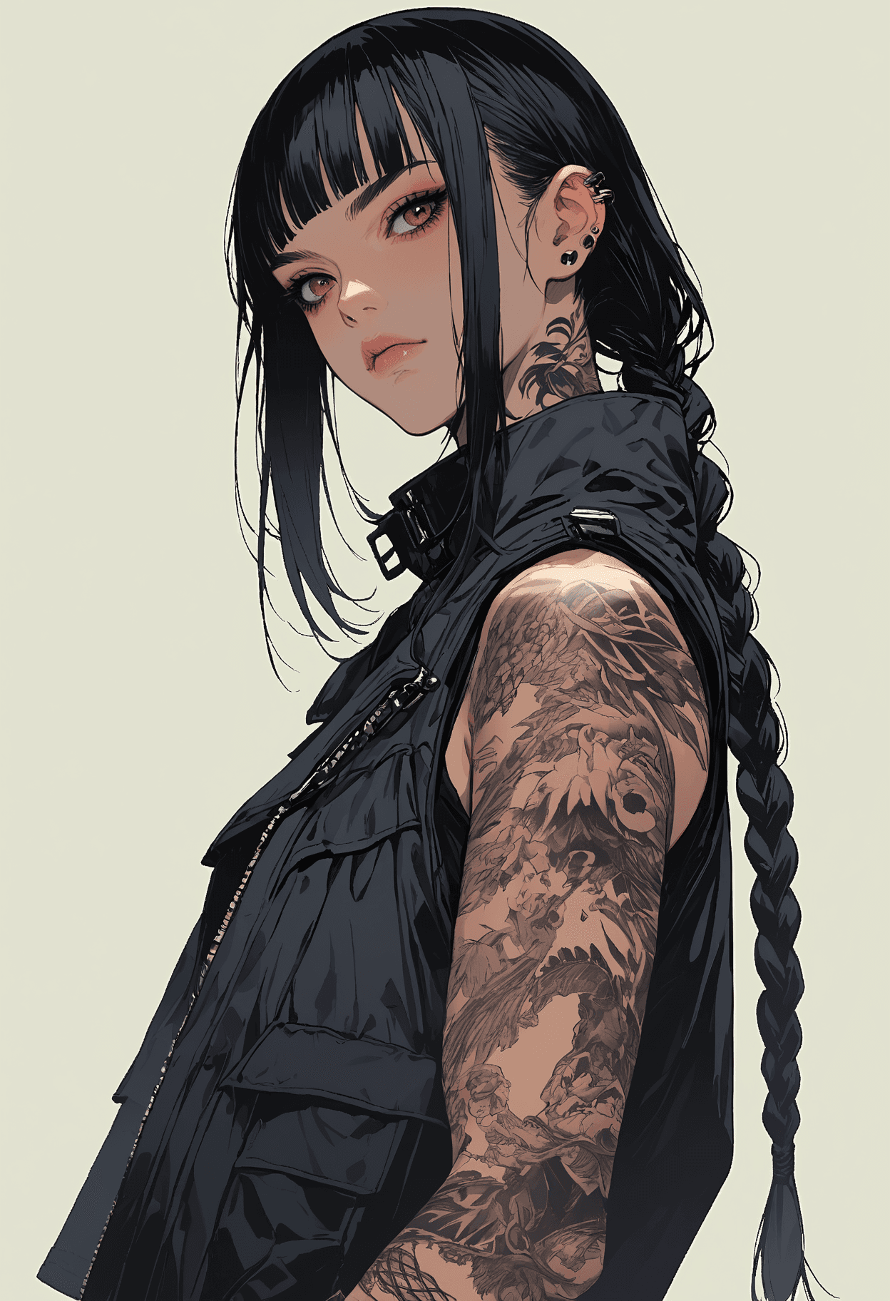 AI generated: score_9, score_8_up, score_7_up,source_anime,1girl,solo,black hair,long hair,braided ponytail,blunt ...