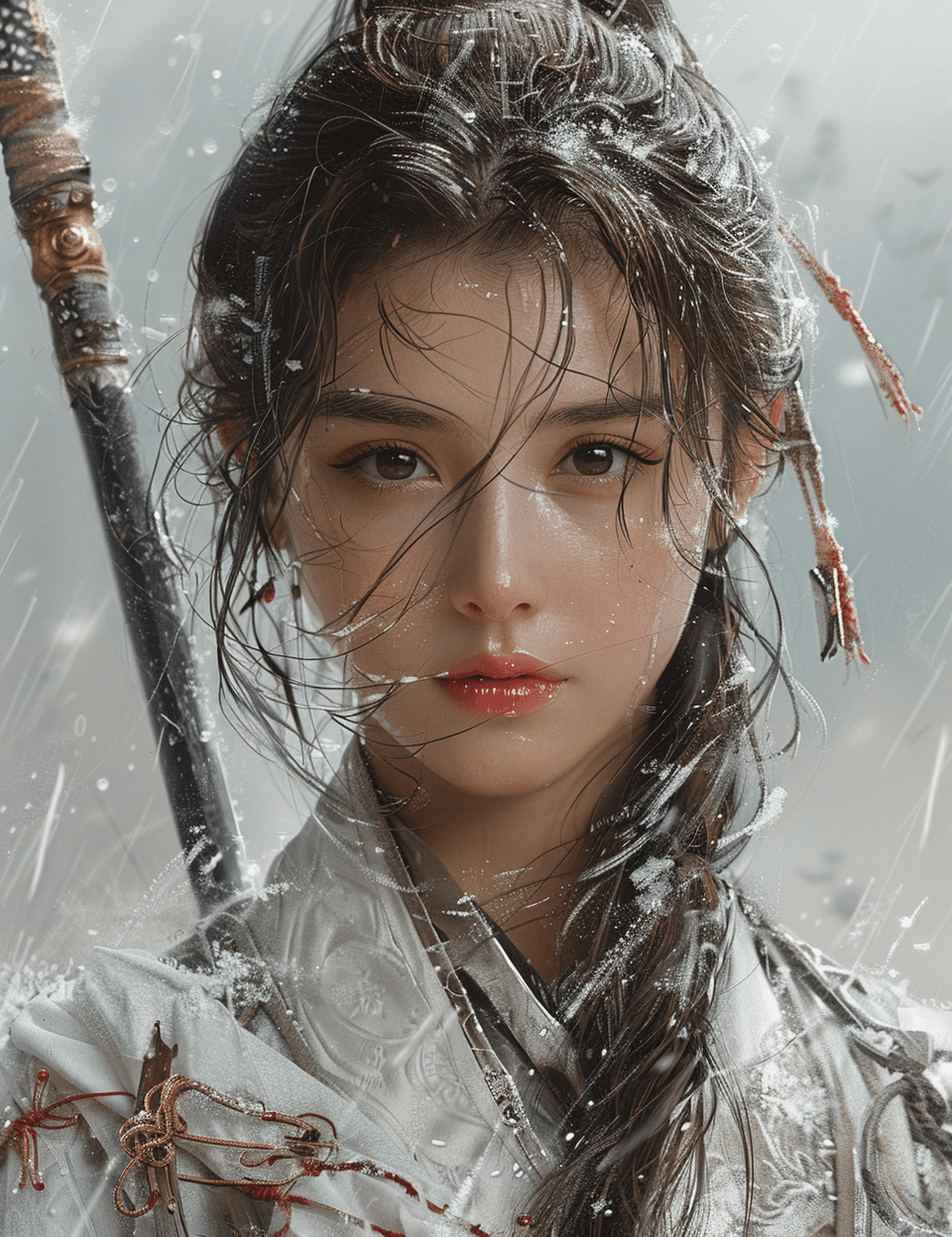 AI generated: Chinese swordsman, warrior girl, in the style of editorial illustrations, 32k uhd, monochromatic art...