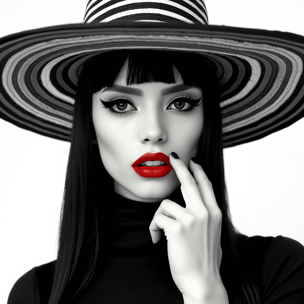 AI generated: This is a high-contrast, black and white photograph featuring a person with a striking, avant-garde ...
