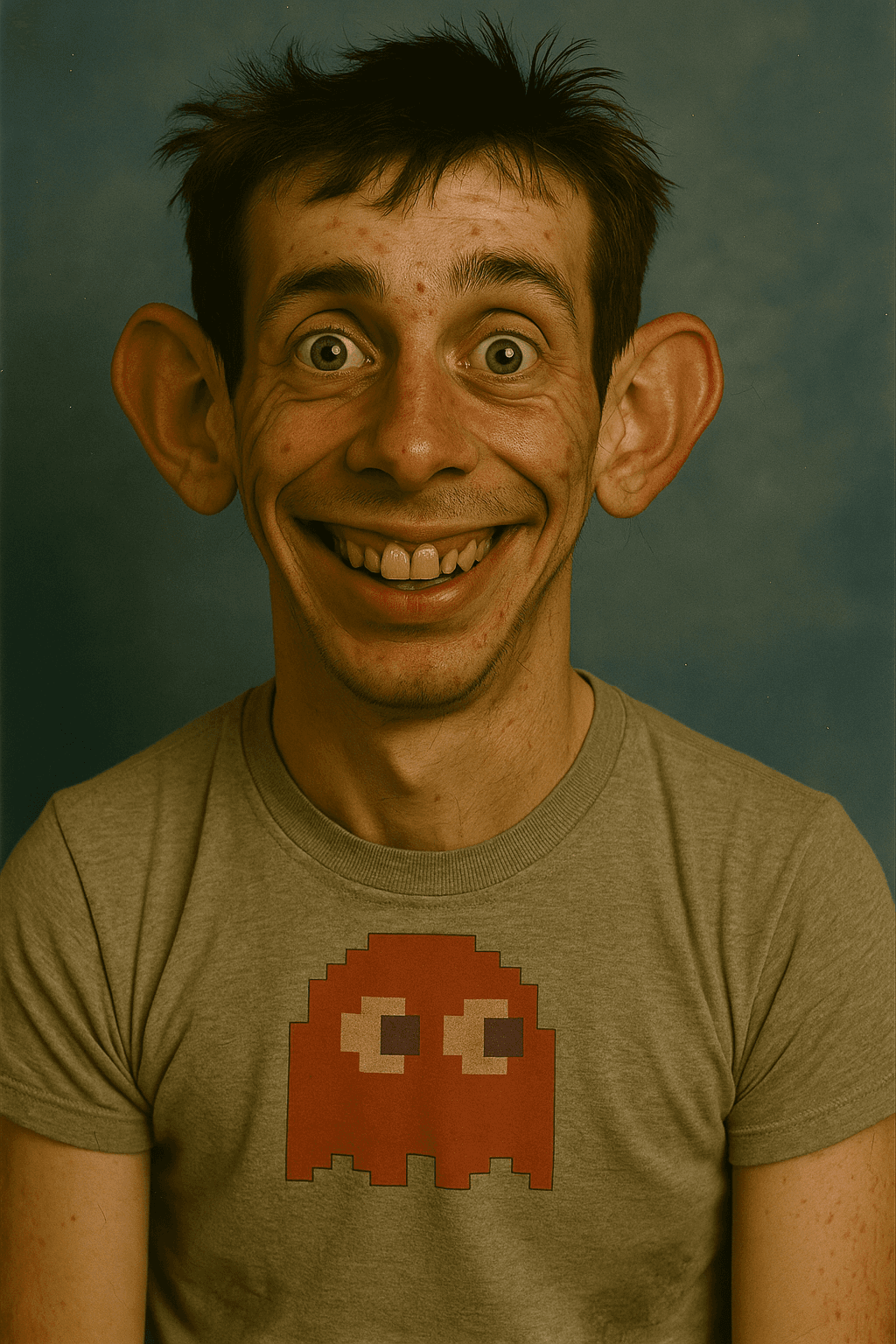 AI generated: A realistic 1980s school portrait of a lanky teenage boy with a big head, large protruding ears, and...