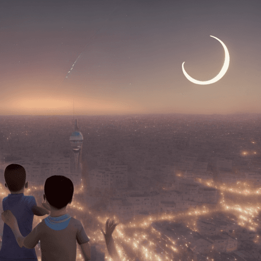 AI generated: Photo of 2 palestinian kid and 2 soul of kids celebrating and looking at many fired missiles raining...