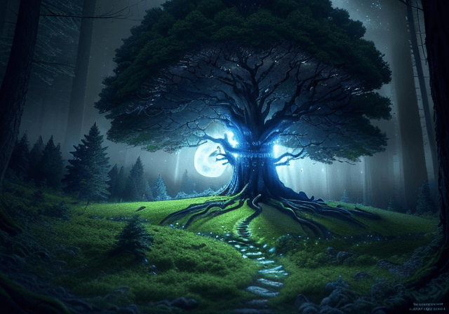 AI generated: giant tree on a hill emitting moonlight from leaves, ultra hd, forest background,  realistic, vivid ...