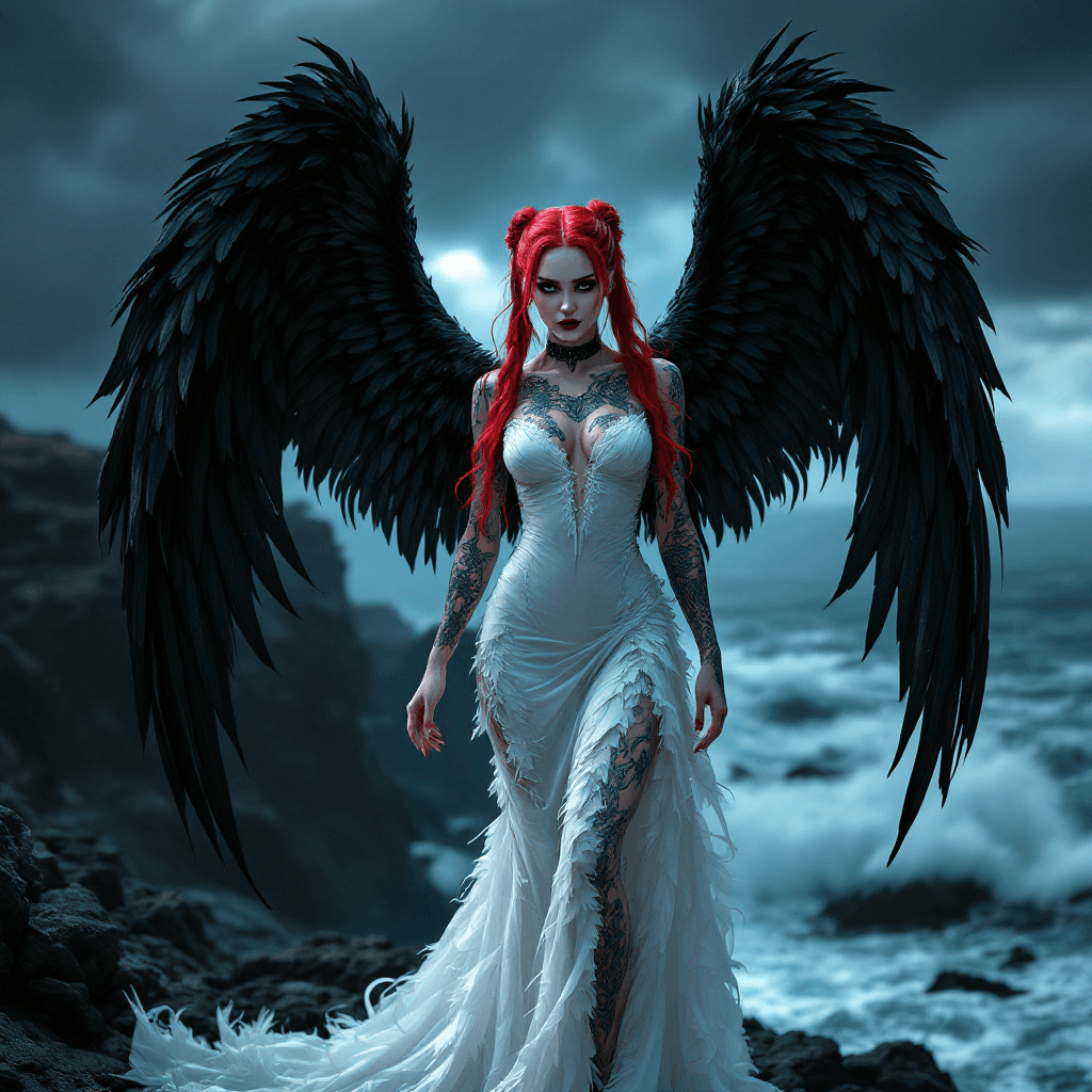 AI generated: A highly realistic, full-body photo of a fit, thin, perfect-bodied, very pale woman standing powerfu...