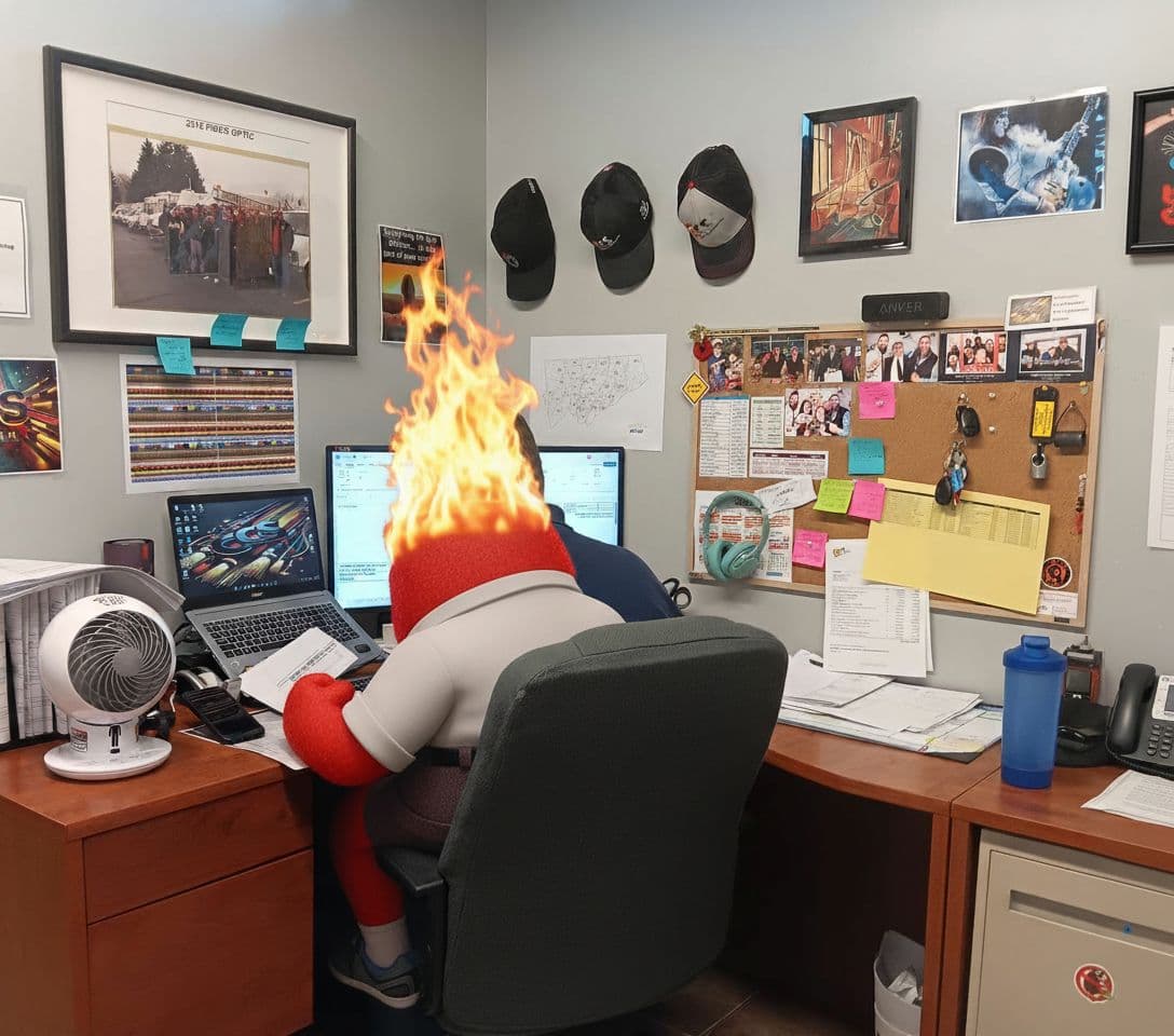 AI generated: create an entirely new image. 8k ULTRA HD IMAGE WITH THE RED MAN IN AN OFFICE SETTING. USE THE OFFIC...