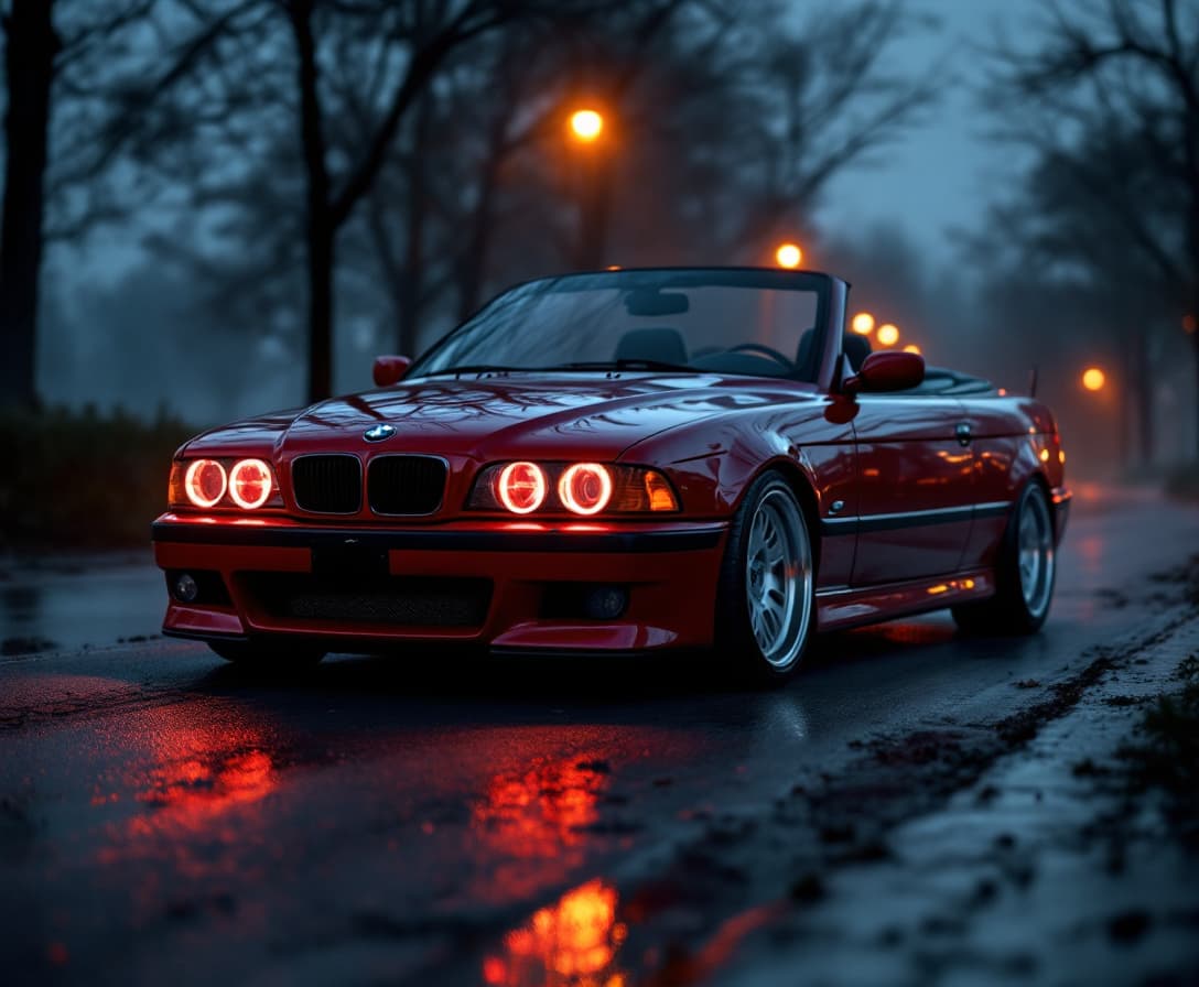 AI generated: dark red bmw e39 M5 convertible, lit angel eyes, cinematic, hyper realism, high detail, 8k, dark eve...