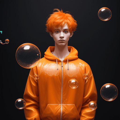 AI generated: a human with orange hairs and clothes, with bubbles on the clothes