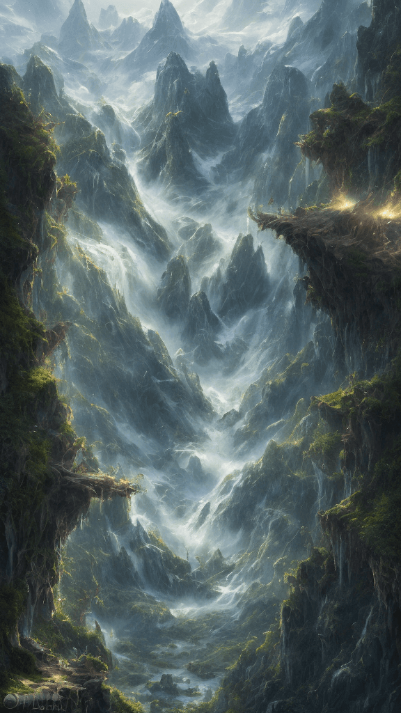 AI generated: view of a valley from the top of a mountain, waterfall falling from the top of the mountainlike the ...
