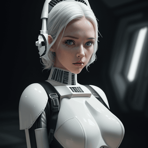 AI generated: female dressed as storm trooper, lingerie, starship background, (((full body visible) )), looking at...