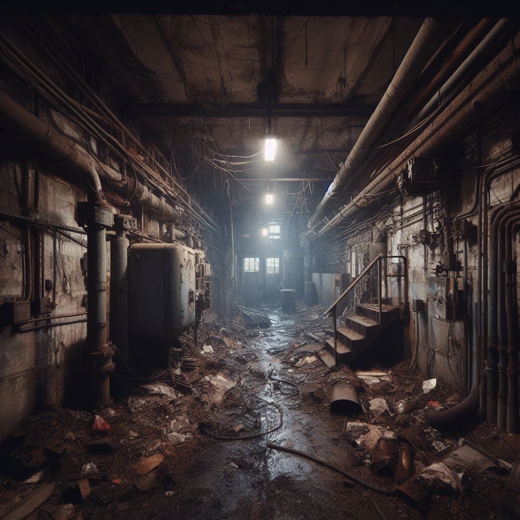 AI generated: An abandoned underground electrical room, creepy, dirty, dusty, overgrown