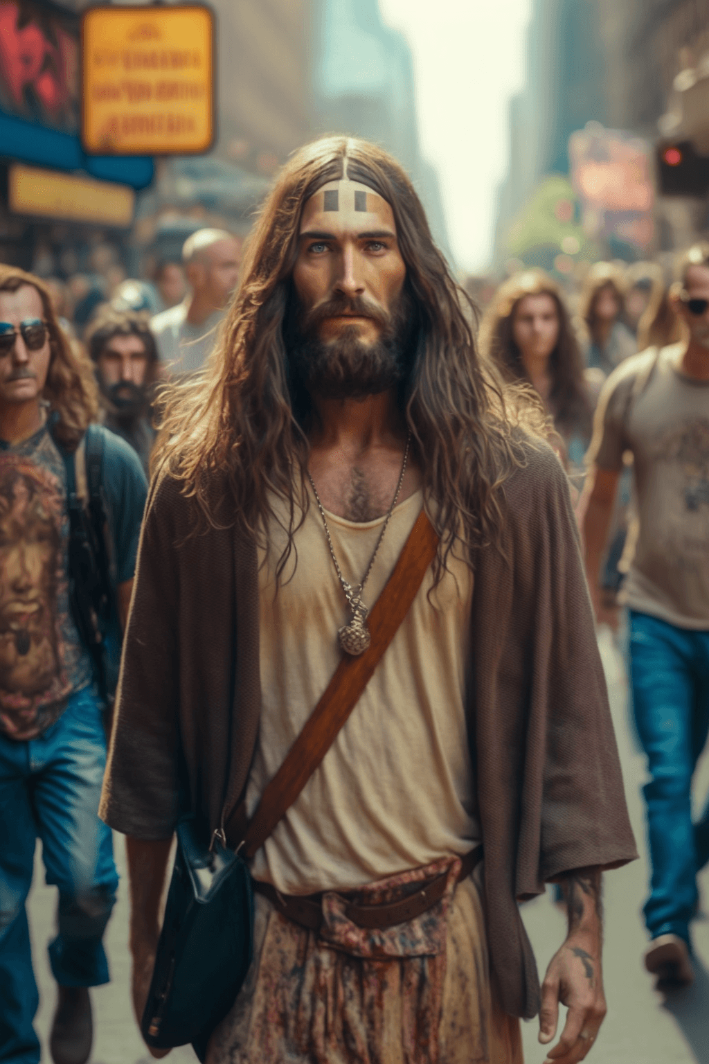 AI generated: jesus in hippie clothes walking in the streets of new york with real people around him cinematic, ul...