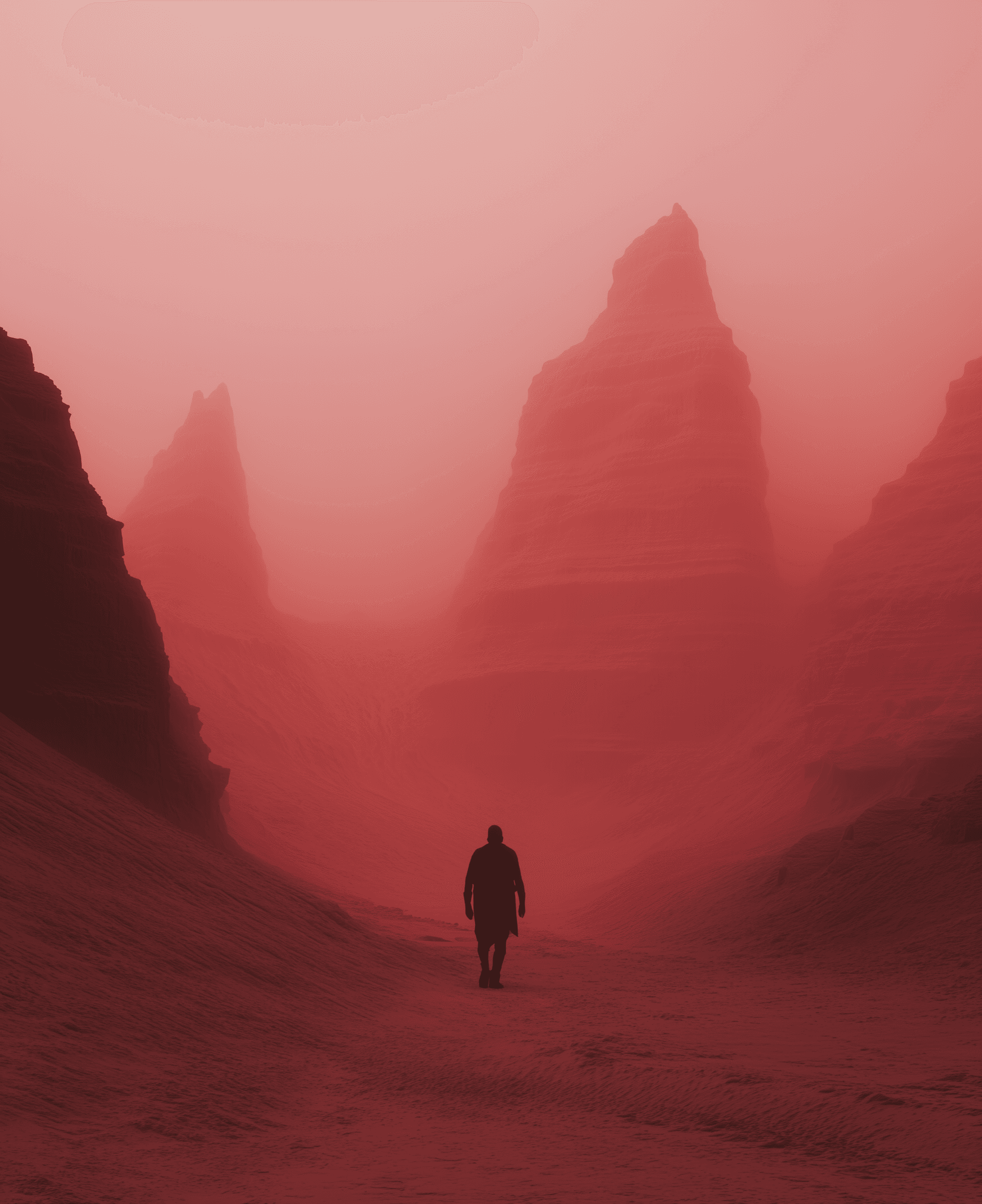 AI generated: A man in the foreground, walking on an alien planet with strange rock formations and a red desert la...