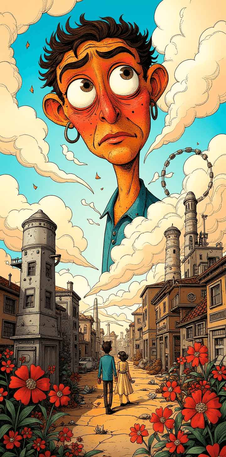 AI generated: cartoon with a colorful thinking  face,couple walking, surrounded by a city, in the style of tim doy...