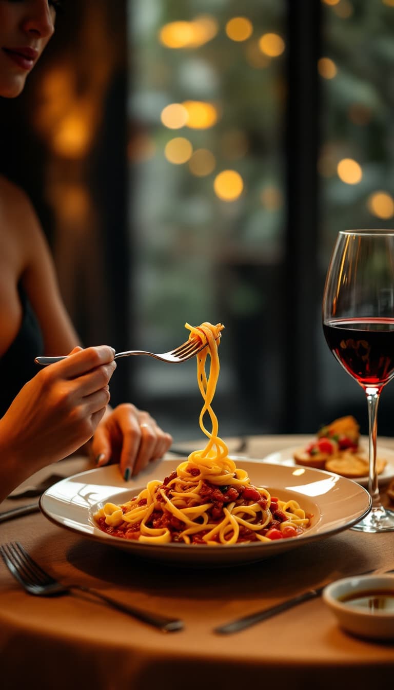 AI generated: A sophisticated evening scene in an upscale Italian restaurant. A woman sits at a beautifully set ta...