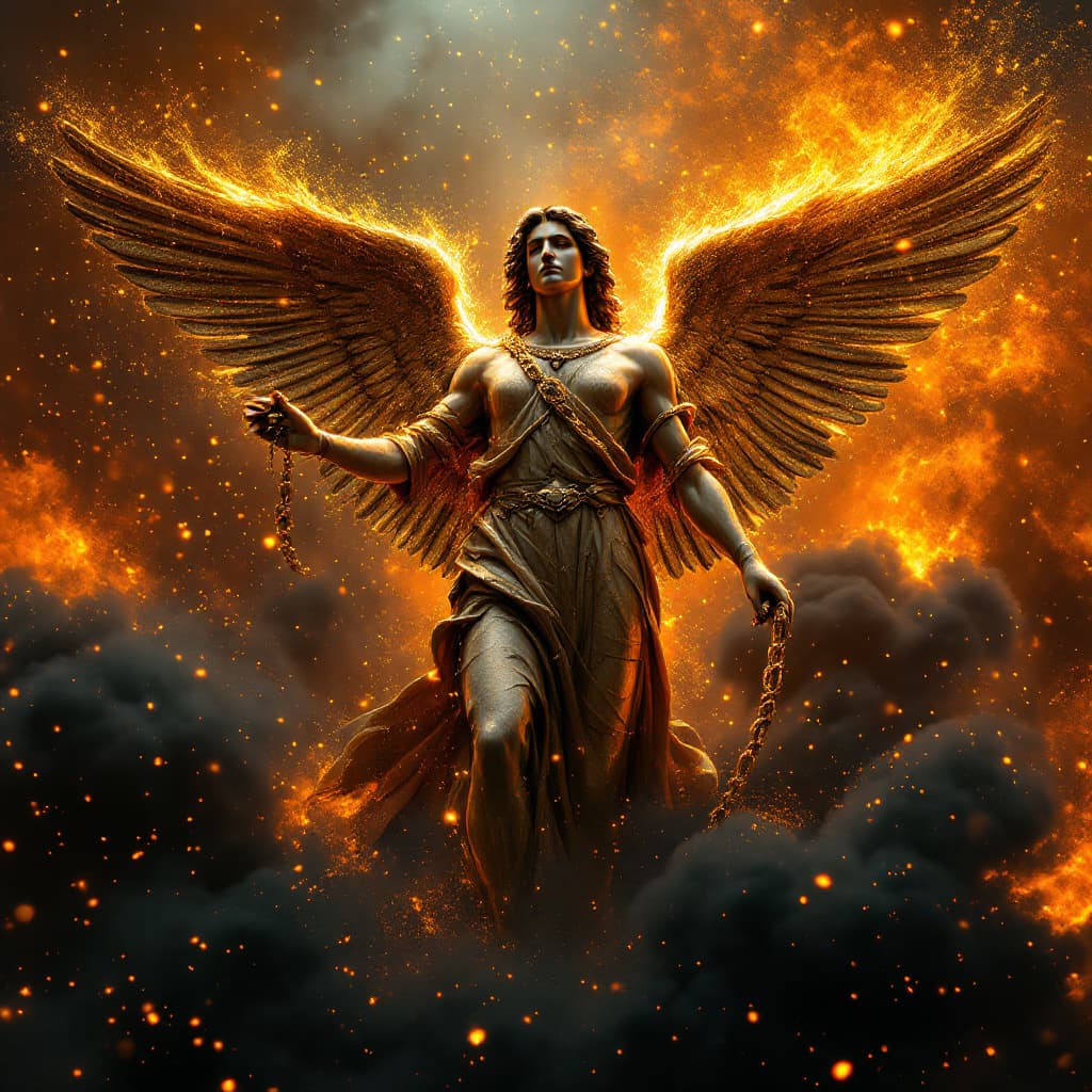 AI generated: stands amidst a vibrant explosion of orange and yellow flames. The angel holds an olive wreath in hi...