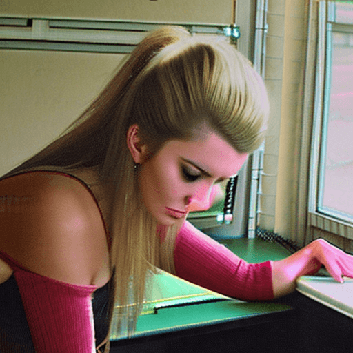 AI generated: photograph of a college classroom, woman, sexy pose, sitting on a desk, unbuttoned blouse reveals so...