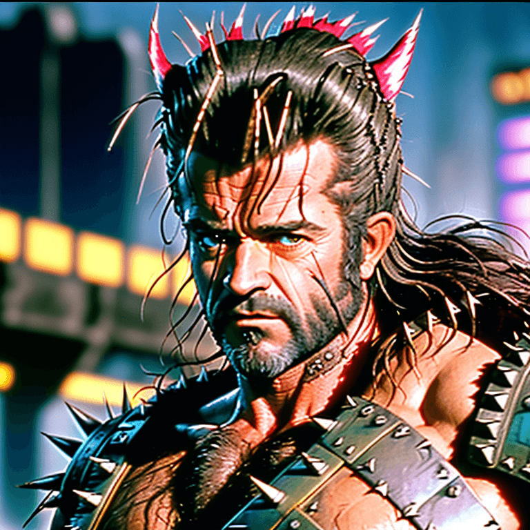 AI generated: mel gibson in braveheart as cyberpunk retrowave wolverine, long spiky messy hair, luis royo, jim lee...