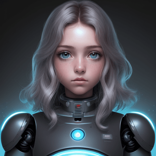 AI generated: un retrato detallado de frente y realista de una robot hermosa, cabello rubio, ojos redondos y cabel...
