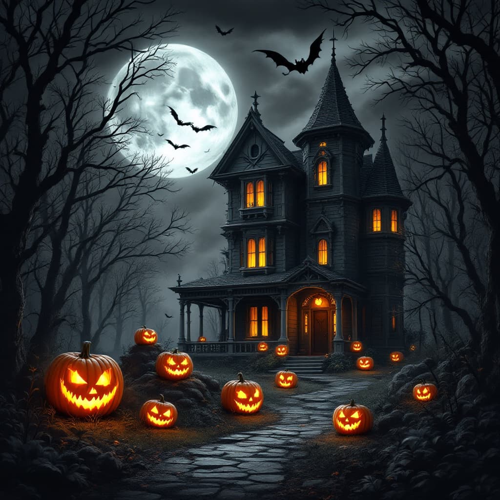 AI generated: black and white spooky haunted house image, with color glowing jack-o-lanterns, and bats and moon in...