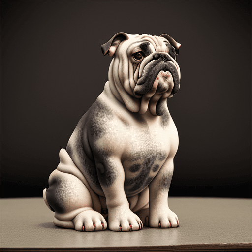 AI generated: Photo of a ultra realistic old bulldog, dotted painted, seated facing straight to the audience, sad ...