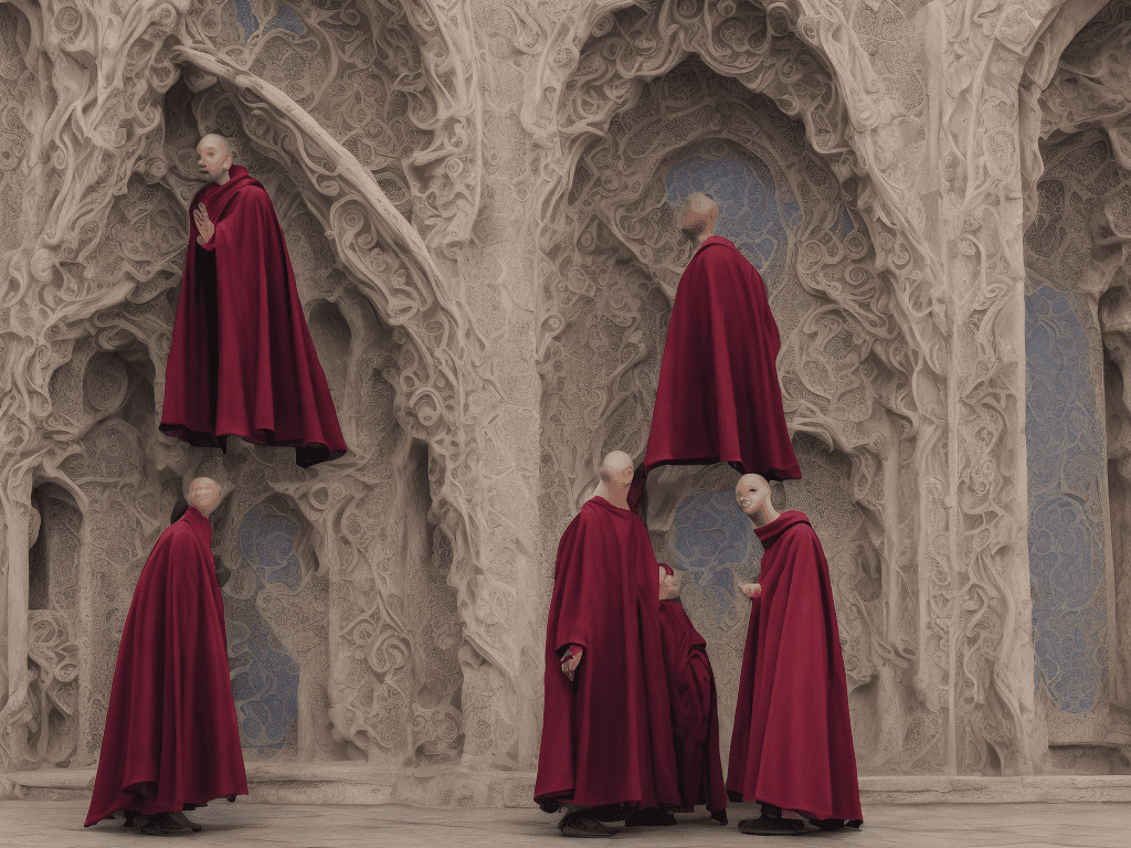 AI generated: 
High-resolution photography of with the focus one soprano singer a female monk in dark burgundy hig...